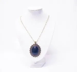 Authentic Black Stone Cabochon on Antique Gold Plated Oval Bezel Pendant Necklace