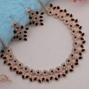 Authentic DESIGNER BRIDAL GOLD PLATED CZ NECKLACE INDIAN BLACK STONE BOLLYWOOD JEWELRY SET