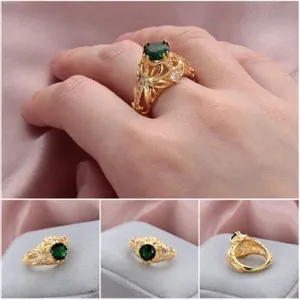 Authentic Gold Plated Ring With Green Crystal Stone, For Wedding, Engagement, Birthday