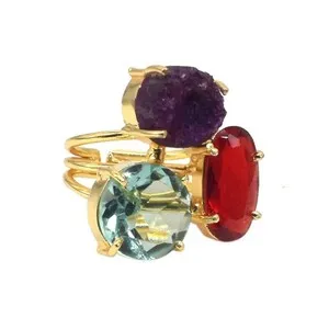 Authentic Multi Gemstone Ring Three Stone Gold Plated Ring Jewelry Adjustable Ring e424
