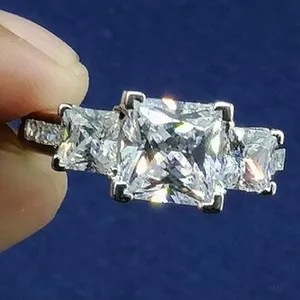 Authentic 2.72TCW Princess Moissanite Three Stone Engagement Ring In 14k White Gold Plated