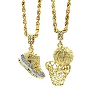 Authentic Gold Plated Retro 11 "Cool Grey/Basketball Pendant 24" Rope Chain Cubic Zirconia