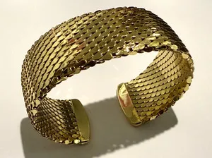 Authentic Vintage Retro Gold Plated Cuff Sequins Bracelet 1 inch wide jewelry Shiny Snake