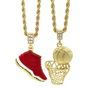 Authentic Gold Plated Hip Hop Retro 11 Gym Red & Plain Basketball Pendant 4mm 24" Chain
