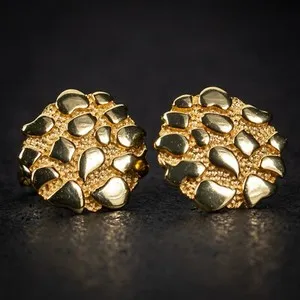 Authentic Men's Round Large 14K Gold Plated 90's Retro Hip Hop Nugget Stud Earrings