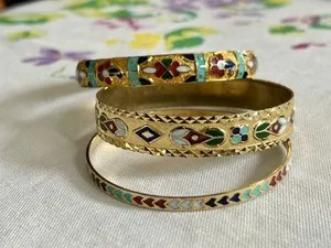 Authentic Vintage Gold Plated Indian Bangle Set with Colorful Retro Accent Piece Lot of 3
