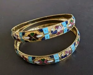 Authentic Vintage 22k Gold Plated Colourful Retro Indian Bangle Set (2pcs)