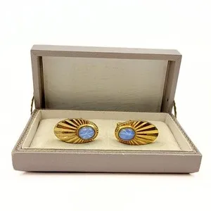 Authentic Retro Gold Plated Blue Star Sapphire Glass Oval Men's Formal Cufflinks