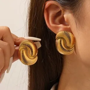 Authentic 14k Gold Plated Textured Spiral Ear Studs Retro Women's Earrings