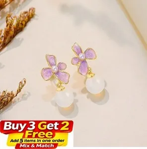 Authentic Pearl Earrings Pink Flower Dainty Gemstone 18K Gold Plated Ins Retro Style