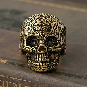 Authentic Men's Retro Gothic Gold Plated Sugar Flower Skull Biker Ring