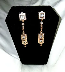 Authentic VINTAGE RETRO STYLE 18kt GOLD PLATED & CZ DANGLE PIERCED EARRINGS