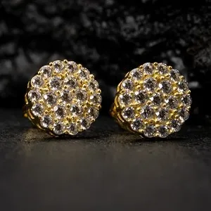 Authentic Iced Yellow Gold Plated Hip Hop Round Luxury Retro Small Cluster Earrings