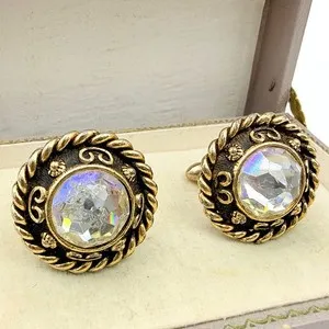 Authentic Retro Gold Plated Faceted Foiled Glass Crystal Cufflinks