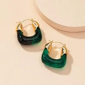 Authentic Women Retro 18K Gold Plated Geometric Green U-Shaped Earrings