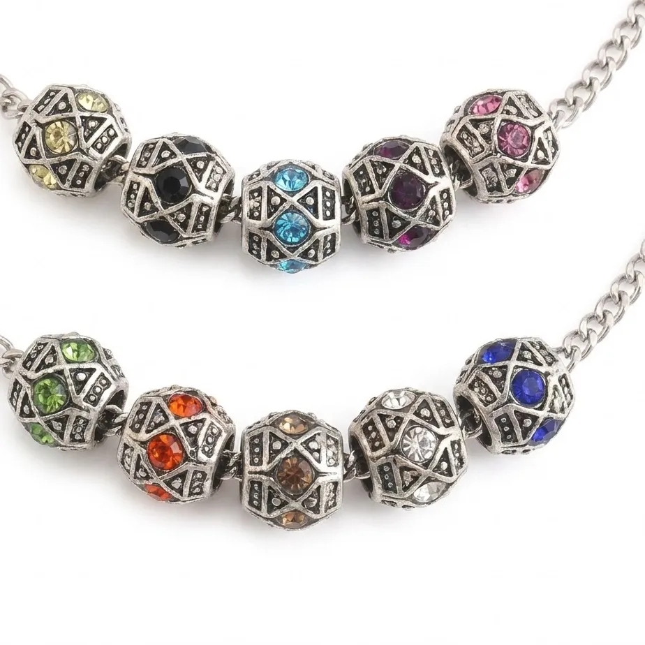 Authentic 10 Pcs Vintage Antique Silver Color Large Hole Metal Rhinestone Bead Fit Charm Bracelets Necklace DIY Jewelry Making Accessories