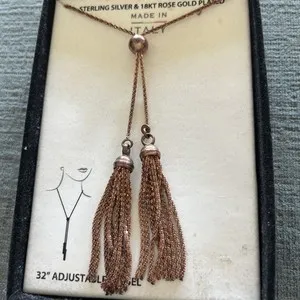 Authentic Italian Sterling Silver &18k Rose Gold Plated Tassels Necklace 32” Adjustable
