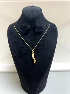 Authentic 14K Gold Plated 18" Italian Horn Pendant Necklace Cable Chain Sterling Silver