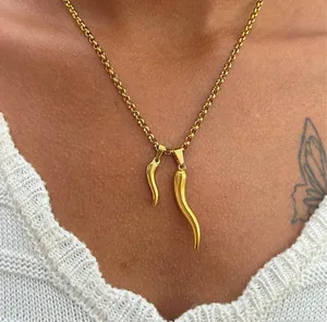 Authentic Italian Horn Charm, Mano Cornuto Gold Plated Cornetto Necklace, Cornicello Horn