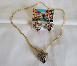 Authentic Italian Multicolored Murano Glass Heart Drop Earrings Pendant Gold Plated