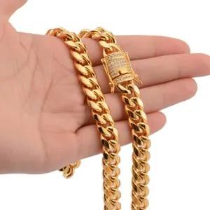 Authentic Miami Cuban Link Chain Rhinestone Clasp 14K Gold Plated 8mm-18mm