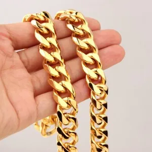 Authentic 18K Gold Plated Cuban Curb Chain Necklace Men 8/10/12/15/17/19mm