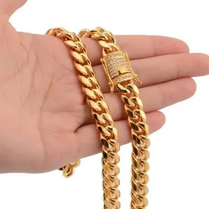 Authentic Miami Cuban Link Chain Rhinestone Clasp Gold Plated 8mm-18mm