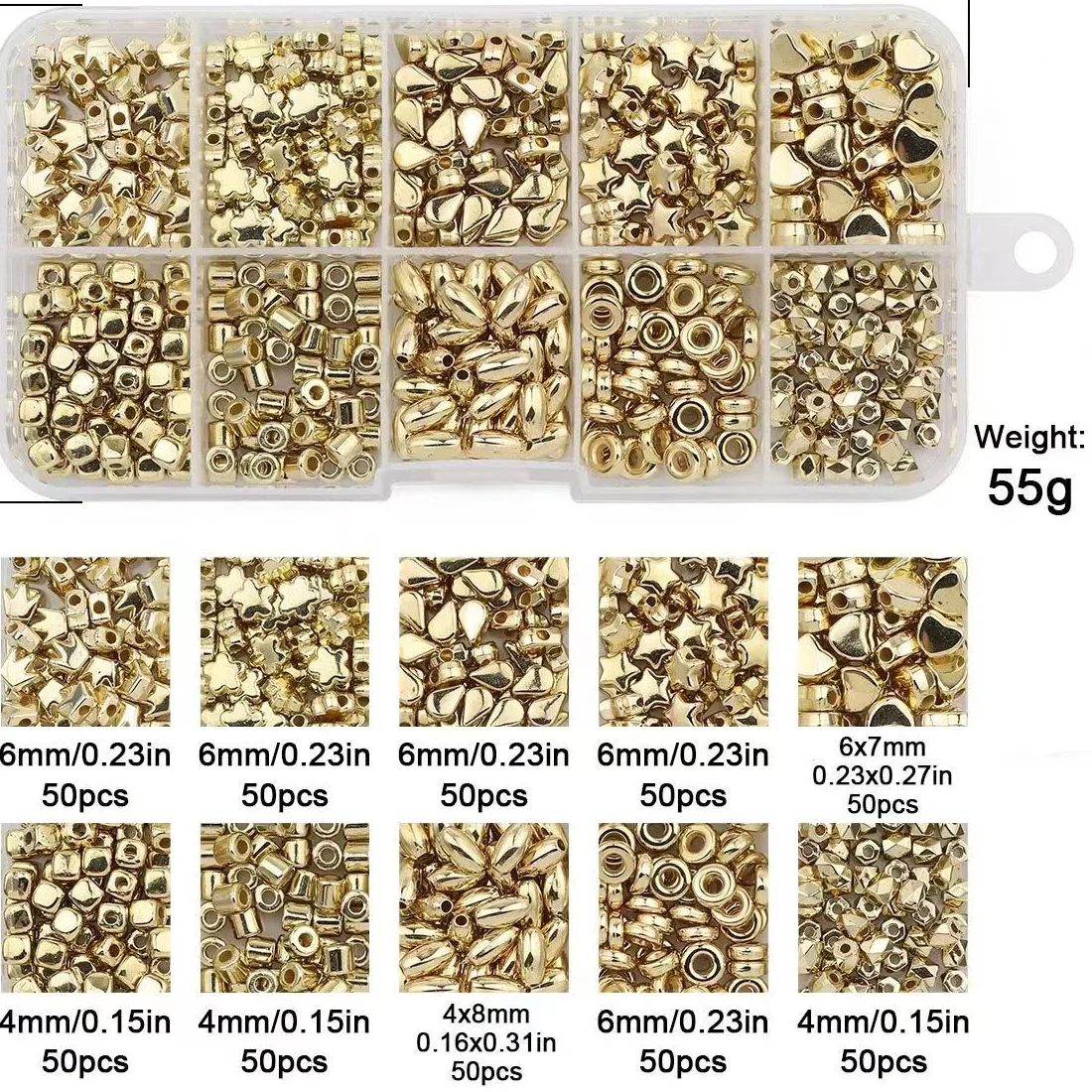 Authentic 500PCS 10 Style Crown Star Heart Spacer CCB Gold Silver Plated DIY Kit Set Box Loose Beads For Jewelry Making Finding Bracelets
