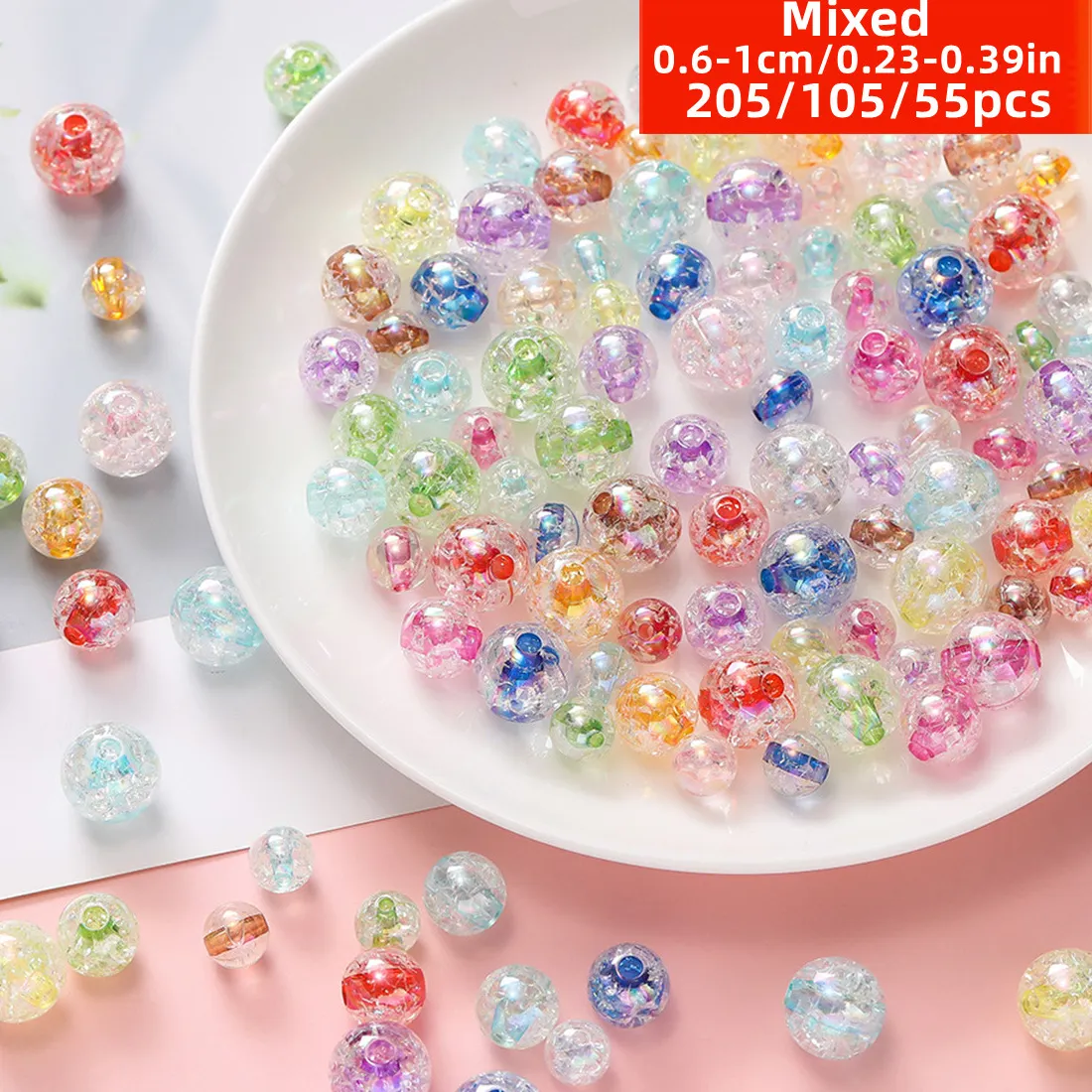 Authentic 10/8/6mm 55/105/205pcs Transparent creative Mixed acrylic cracked beads, suitable for women, DIY bracelets, necklaces, Beads