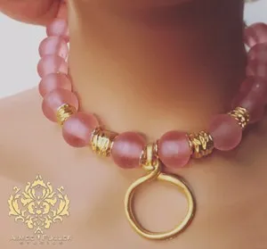 Authentic Recycled Glass African Statement Necklace Pink Beads 22K Matte Gold Plated Hoop