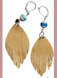 Authentic Genuine Recycled Leather Banded Agate Dangle Earrings 18k Gold Plated Ear Wires
