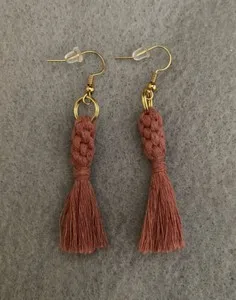 Authentic Handmade Macrame Hook Earrings, 18k Gold Plated, Pink Recycled Cotton Tassel