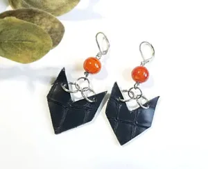 Authentic Arrow of the Sun Reclaimed Leather and Orange Agate Earrings