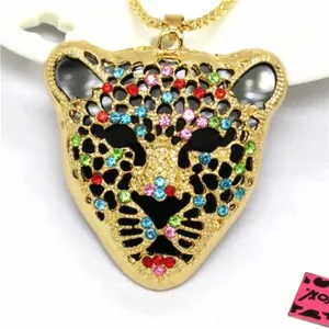 Authentic Women Gold-plated Sexy Leopard Head Color Crystal Pendant Necklace