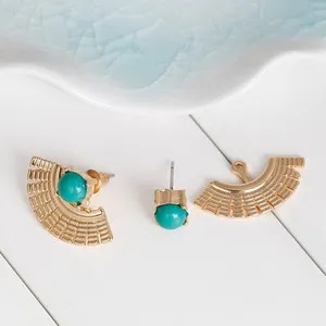 Authentic Sexy Sparles Ear Jacket Stud Earrings Fan-shaped Gold Plated Green Back Ear Cuff