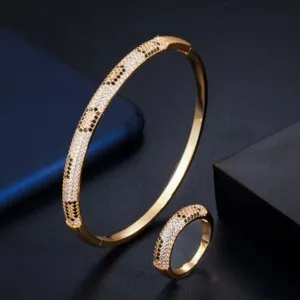 Authentic Gold Plated Sexy Snake Leopard Print Cubic Zircon Cuff Bracelet Ring Jewelry Set