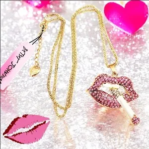 Authentic Gold-plated Pink Smoking Sexy Lips Pendant Necklace