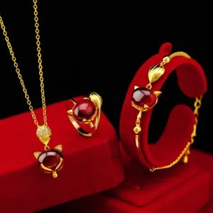 Authentic Sexy 24K Yellow Gold Plated Red Zircon Fox Women's Necklace Bracelet Rings Set