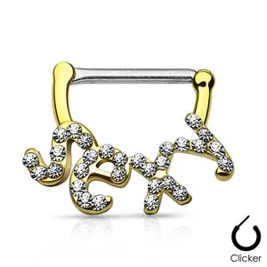 Authentic Pair of CZ Paved "Sexy" 14K Gold Plated Surgical Nipple Bar Clicker Rings