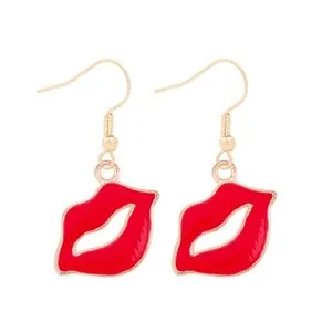 Authentic Red Lip Lipstick Earrings Gold Plated Funny Charm Enamel Sexy Lips Kiss Chi - 05