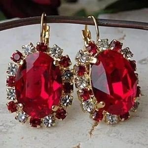 Authentic Blossoming Radiance: 14K Gold Plated Red Zirconia Flower Design Earrings