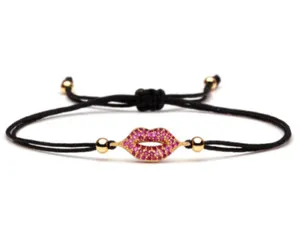 Authentic Sexy Kiss Lip Gold Plated Cubic Zirconia Adjustable Size Black Rope Brace