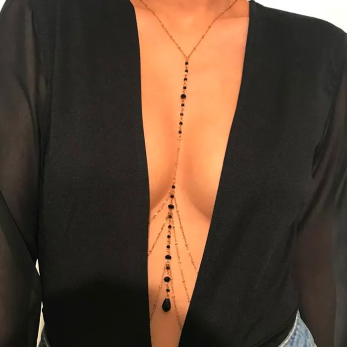 Authentic Sexy Multilayer Tassel Bead Belly Waist Chains Beach Bikini Slave Women Black Crystal Pendant Trendy Body Necklace Charm Jewelry