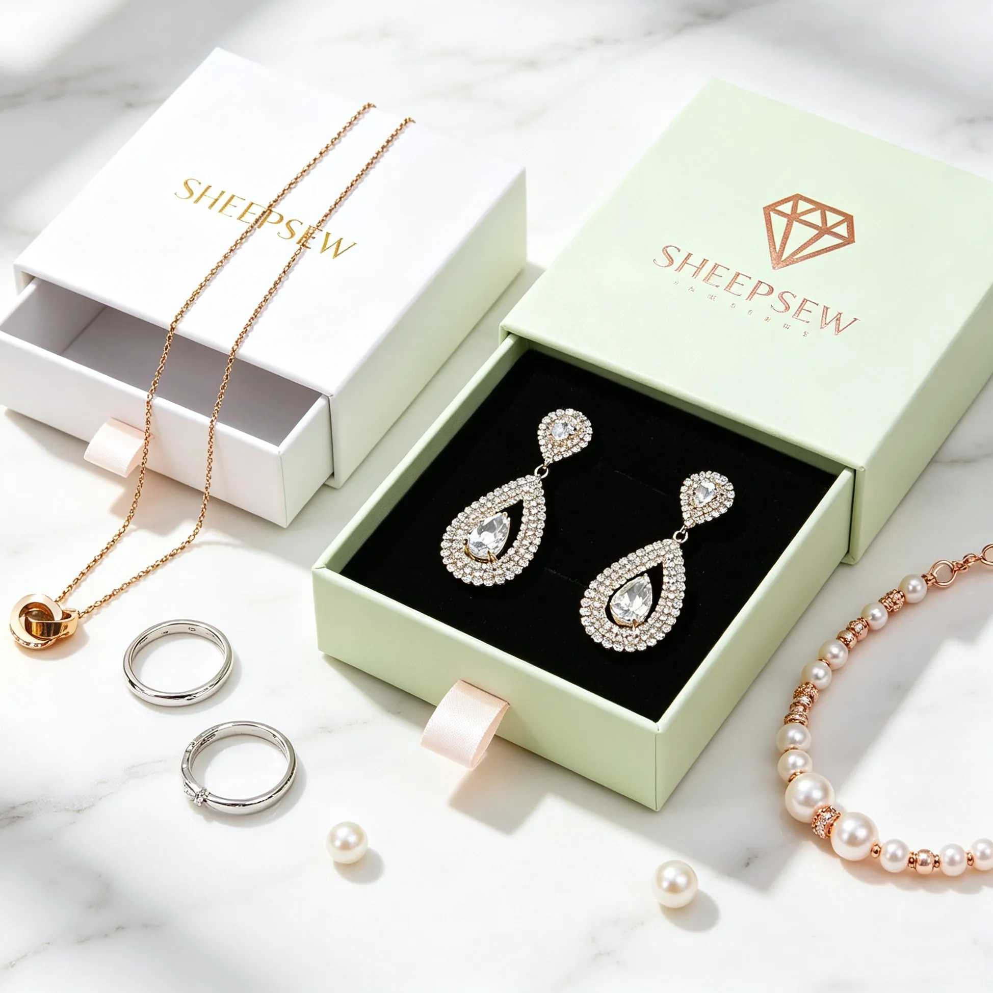 Authentic 50pcs Sheepsew Custom logo Recyclable Jewelry Packaging Box Ring Earrings Pendant Luxury Box Necklace Rigid Box