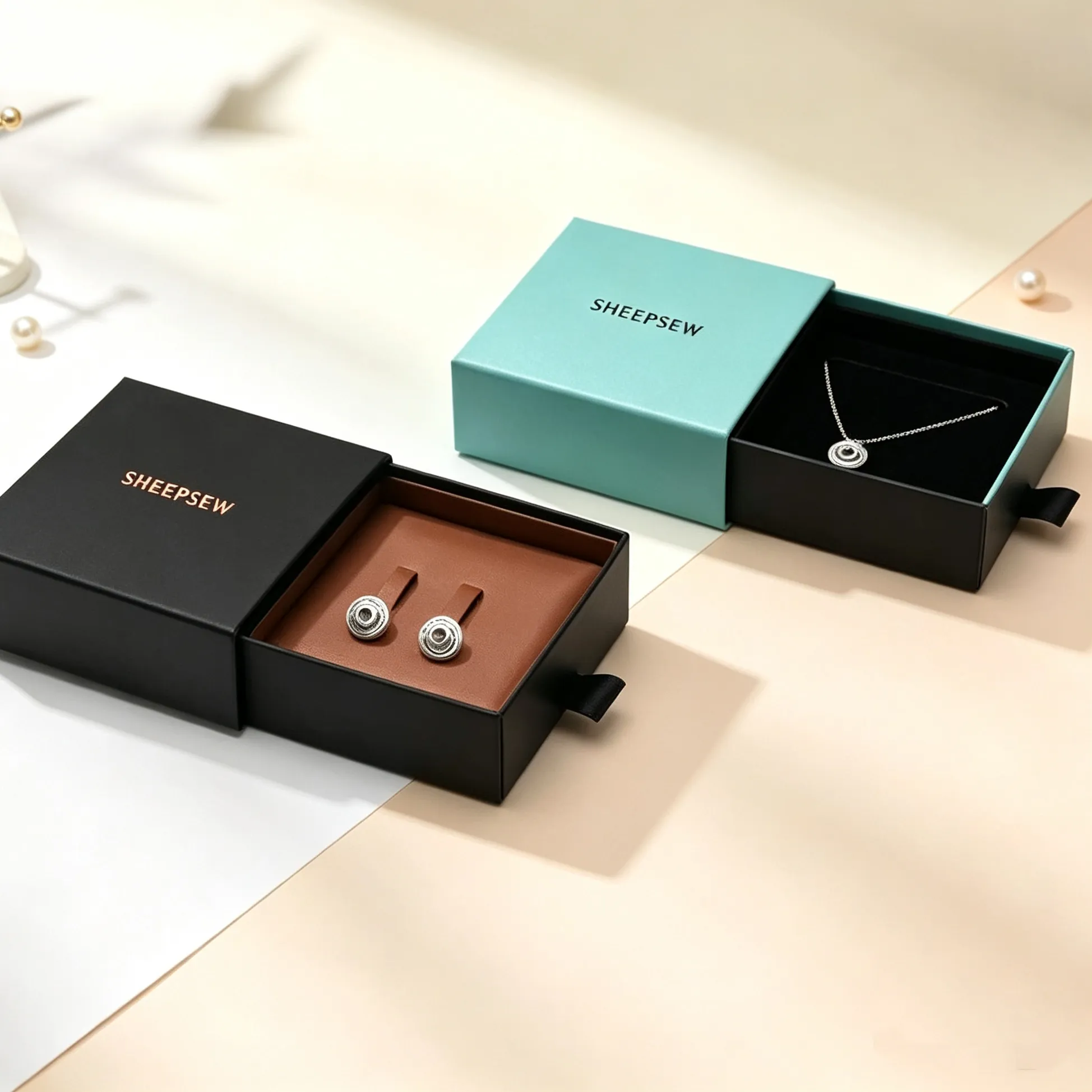 Authentic 50pcs Sheepsew Custom Logo Jewelry Earrings Drawer Package Box Luxury Rigid Recyclable Paper Necklaces Box