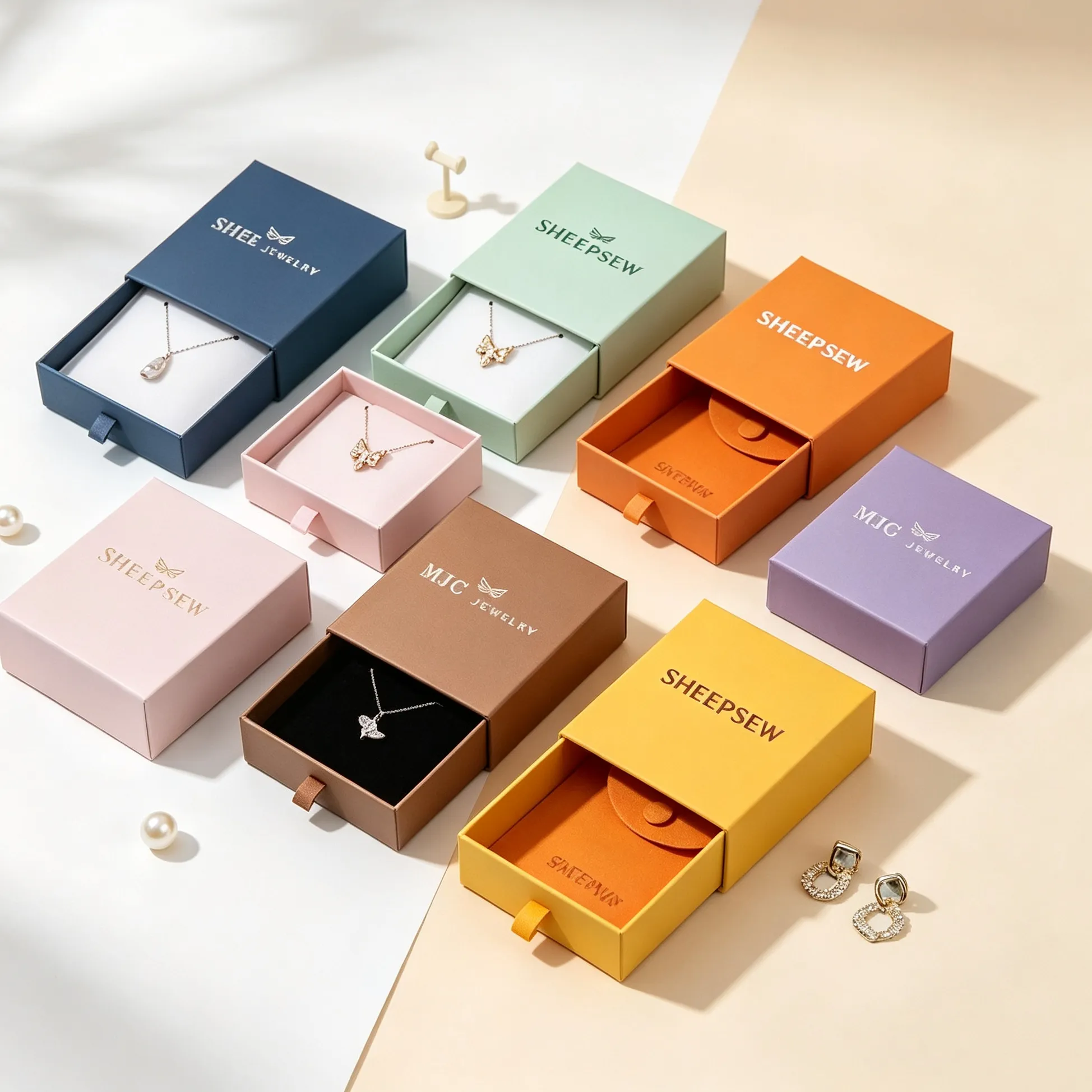Authentic 50pcs Sheepsew Luxury Jewelry Necklaces Rigid Paper Drawer Box Recyclable Earrings Package Boxes With Custom Logo