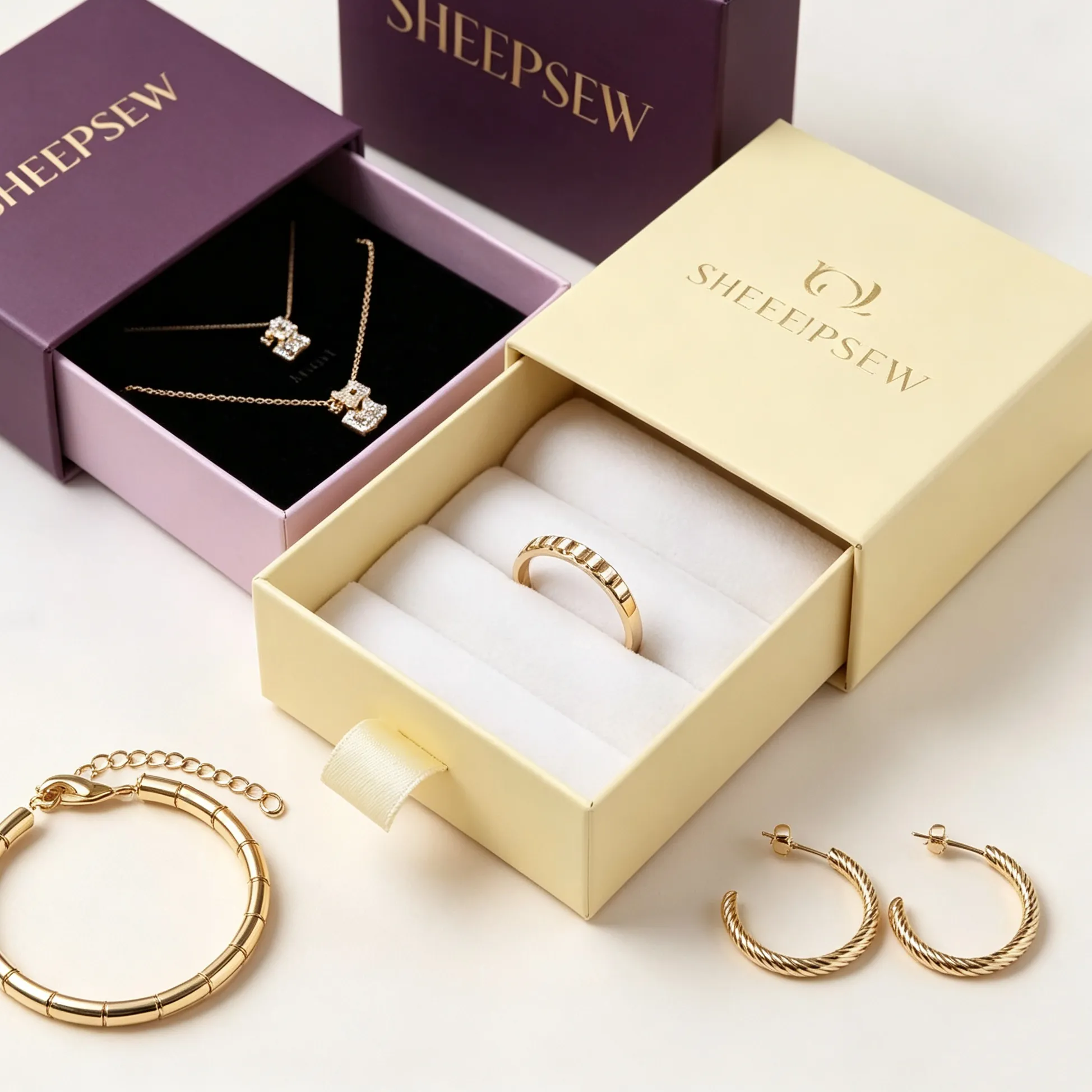 Authentic 50pcs Sheepsew Recyclable Wedding Ring Jewelry Drawer Rigid Boxes Elegant Necklaces Packaging Box With Custom Logo