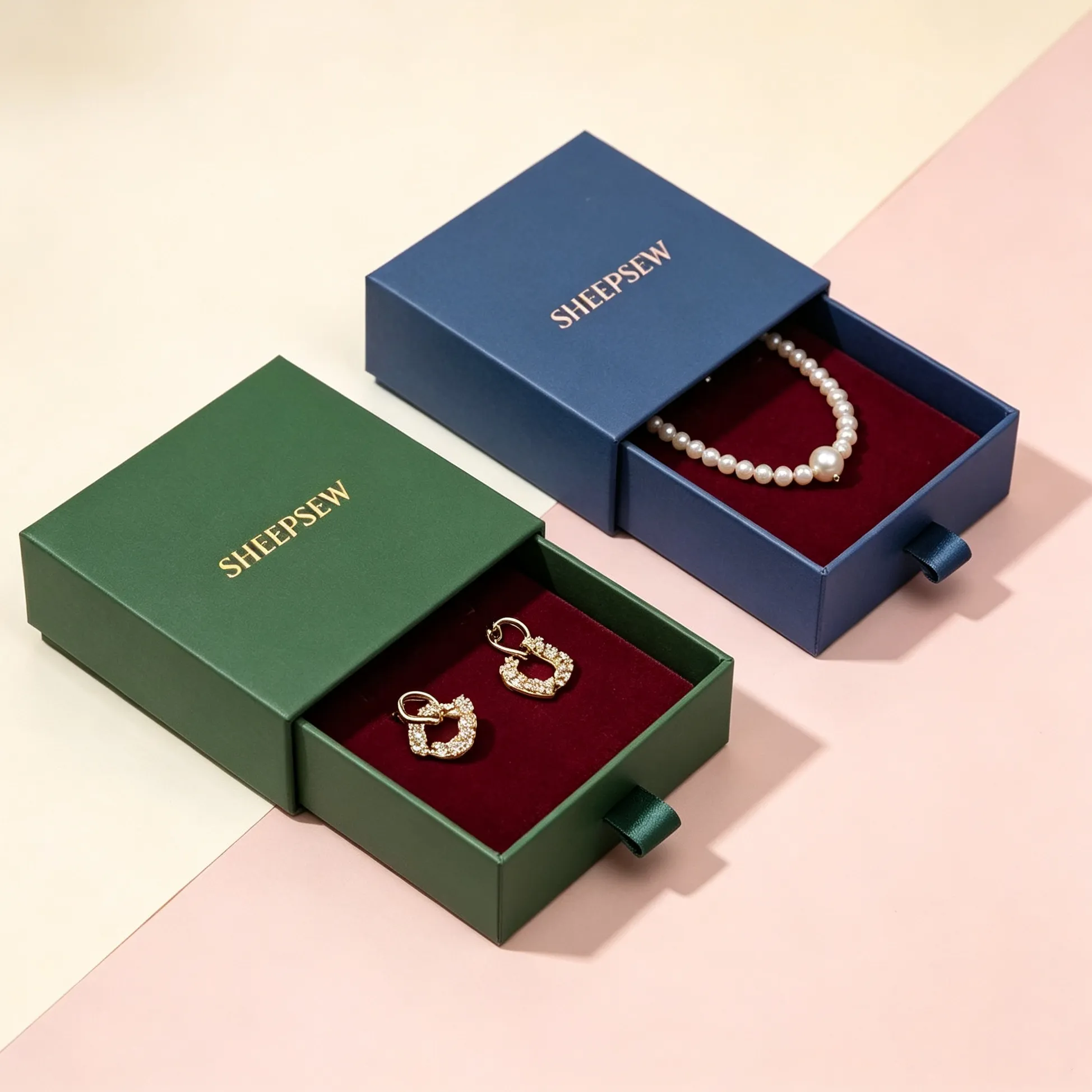 Authentic 50pcs Sheepsew Jewelry Recyclable Rigid Paper Drawer Box Luxury Pearl Necklace Packaging Boxes With Custom Logo