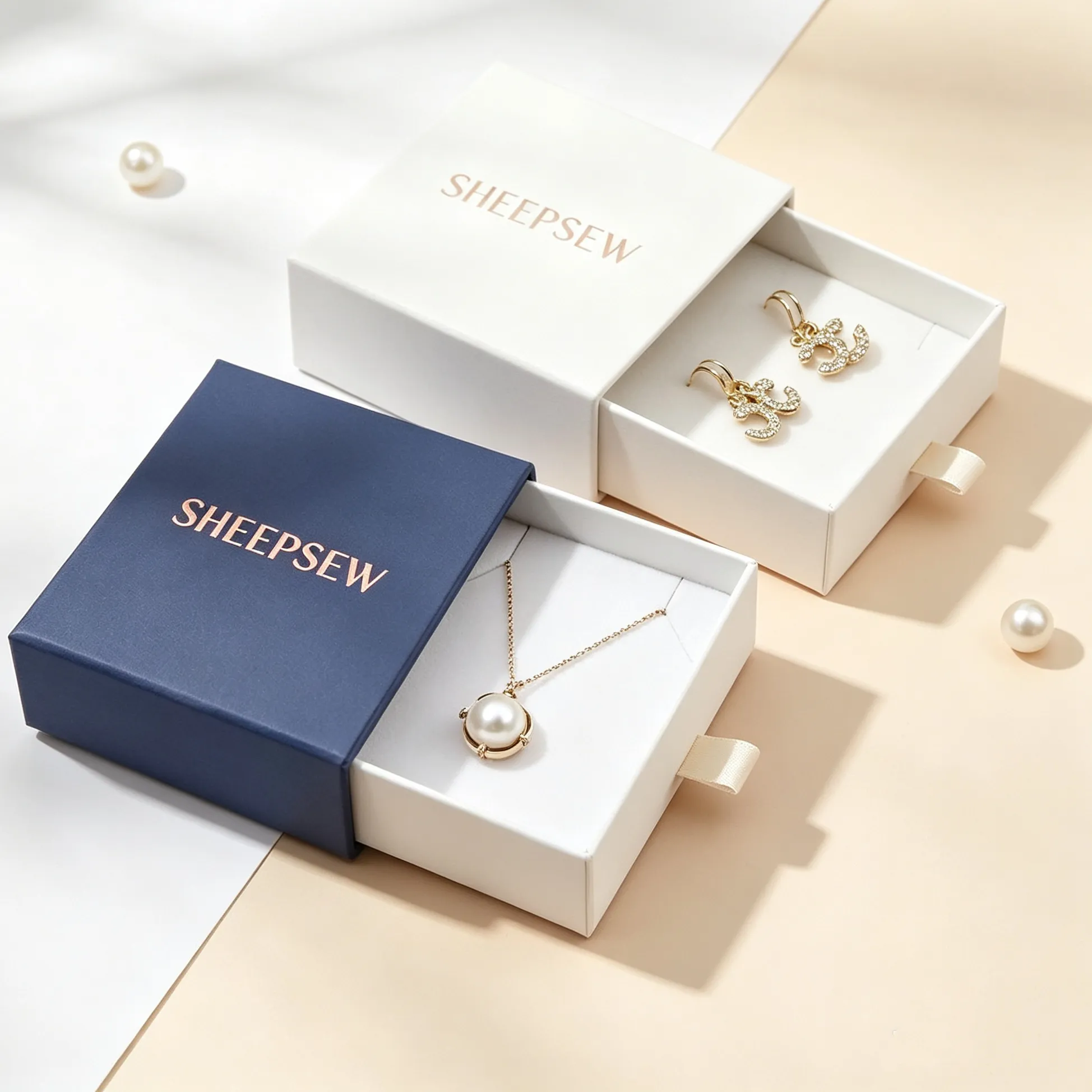 Authentic 50pcs Sheepsew Custom Logo Luxury Pearl Necklace Rings Earrings Packaging Boxes Recyclable Pendant Rigid Paper Box