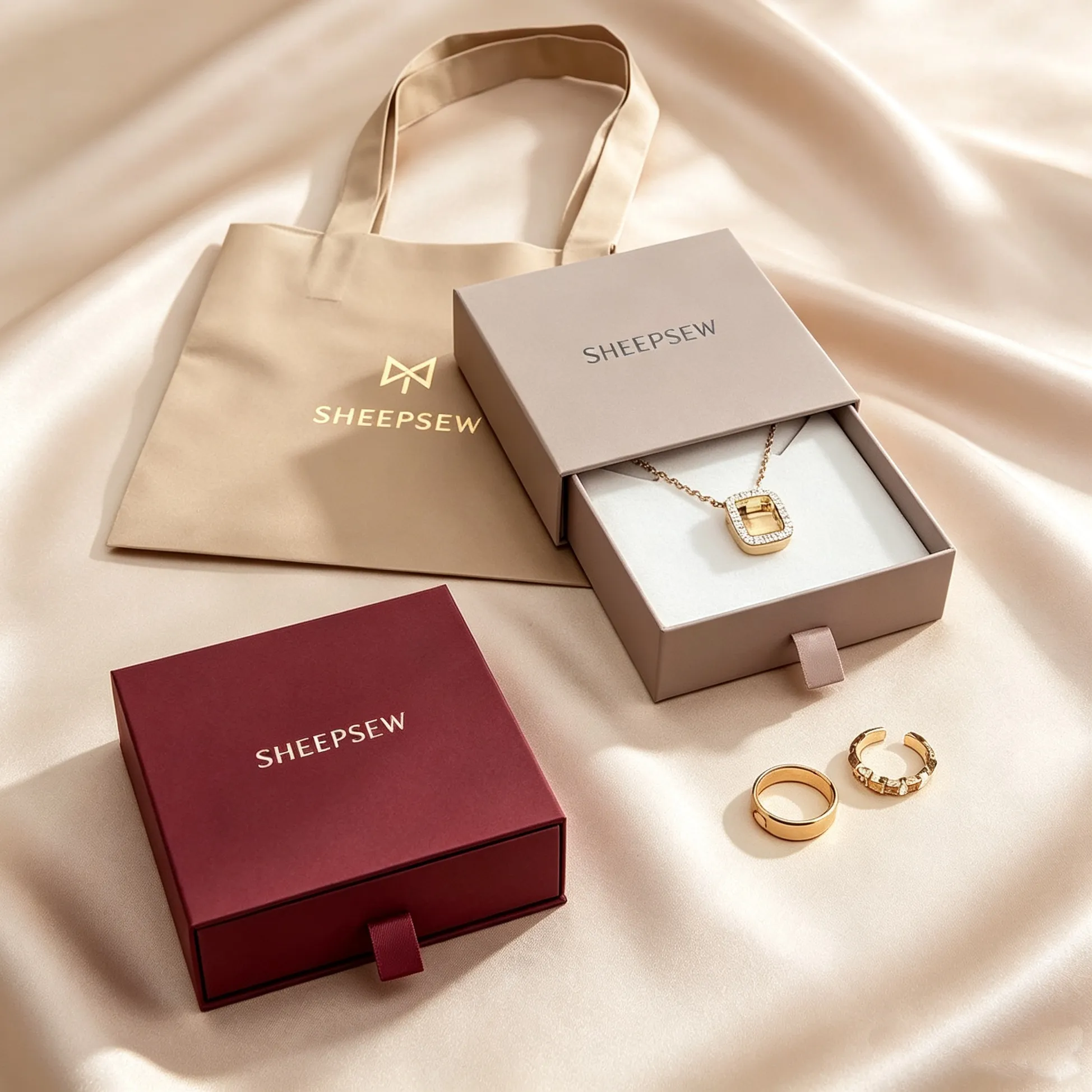 Authentic 50pcs Sheepsew Recyclable Custom Logo Jewelry Rigid Packaging Boxes Luxury Earring Necklace Box With Jewelry Paper Bag